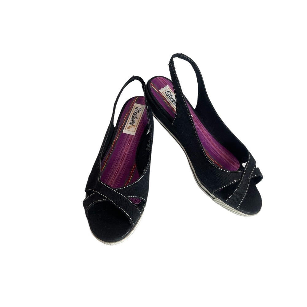 Skechers Cali Sandals Women 10 M Shoes Black Canvas Wedge Slingback Open Toe